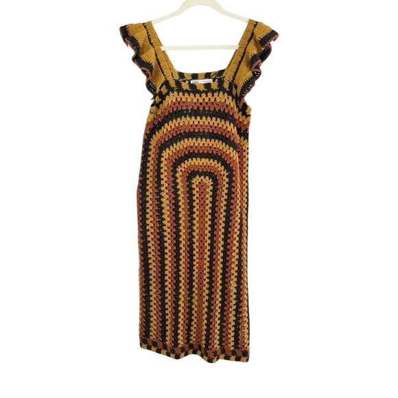 Zara boho crochet midi shift dress brown black orange Size S - Picture 2 of 7